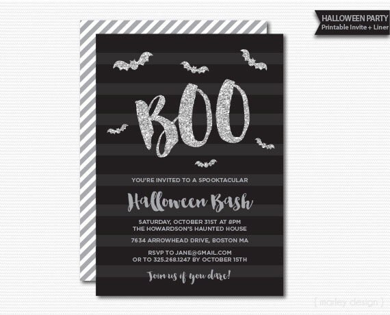 Silver Glitter Halloween Invitation Halloween Party Invite Printable Digital Halloween Bash Black Stripes Modern Bats Halloween Invite Il_570xn