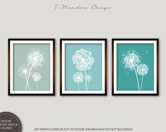 Dandelion Wall Art Prints, Seafoam, Rain and Teal Flower Art, Bedroom Bathroom Floral Art Set of (3) 5x7, 8x10 or 11x14, Home Decor UNFRAMED