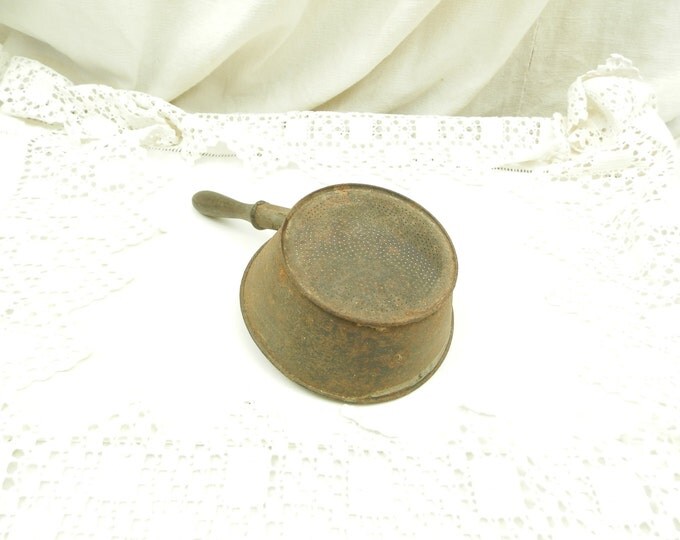 Small Antique French Metal Sieve with Wooden Handle, Vintage Kitchenalia, French Decor, Cottage, Shabby Chic, Strainer, Sugar Sprinkler