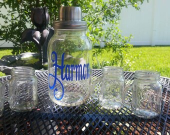 Monogrammed Mason Jar Cocktail Shaker with shot glasses - Personalized with last name - wedding gift - Mason Jar Gift