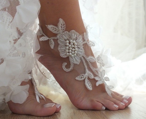 ivory Beach wedding barefoot sandals, floral lace sandals, lace ...