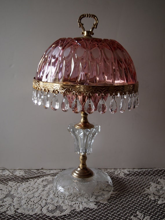 Vintage Pink Boudoir Lamp with Prisms