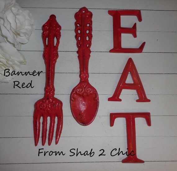  BANNER  RED EAT Sign Cast Iron Fork  And Spoon Home
