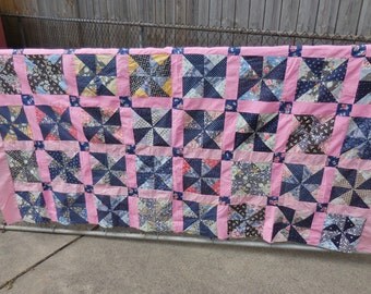 Vintage Feedsack Quilt Top Pinwheels Pink
