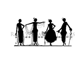 1920s Art Deco Ladies Silhouette Image Vintage Downton Abbey Style Dresses Printable 2 x Files 8.5x11 Image 300dpi Jpg and Png Transparent