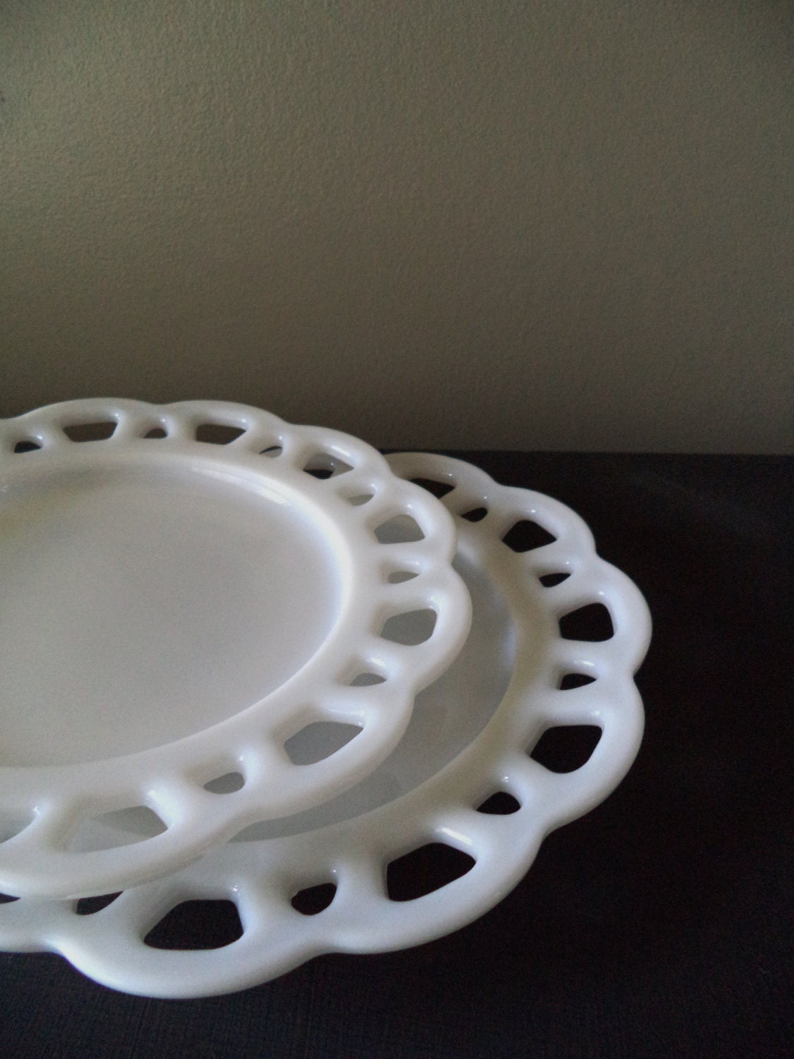 2 Milk Glass Plates Wedding Decor Lace Edge Dish Shabby Cottage Chic