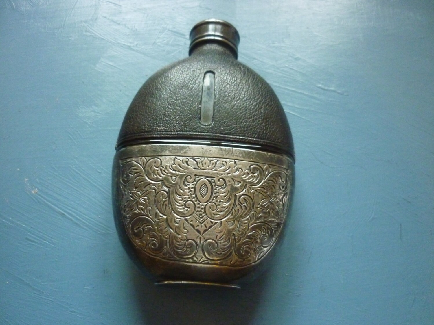 English Victorian hip flask leather pewter & glass antique