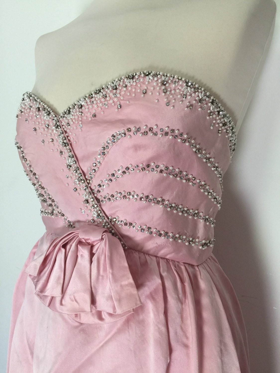 1960s mini dress pink satin babydoll party frock pearl and diamanté ...