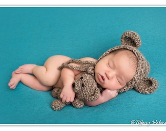 Crochet Newborn baby bear bonnet & teddy bear set crochet Newborn photo props photography boy/girl- Made to order
