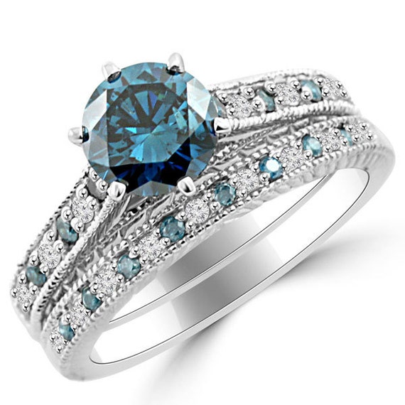 1.66ct VS2 Blue Diamond Matching Engagement Ring Set Vintage