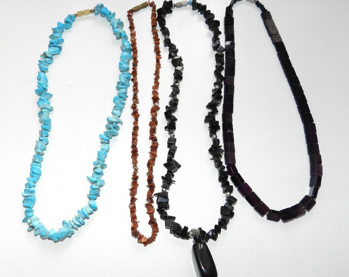 Vintage Stone Glass Choker Necklace Lot, Beads Lot Turquoise Goldstone Onyx Amethyst Glass, Boho Surfer Hippie Jewelry Lot