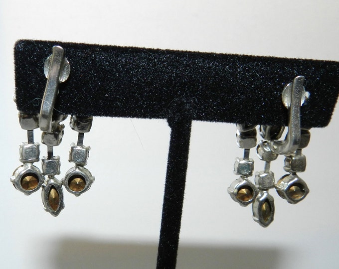 50s Juliana Open Back D & E Clear Rhinestone Diamante Dangle Drop Clip On Earrings Vintage Jewelry Jewellery