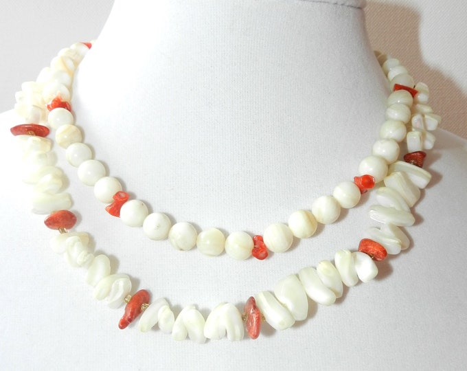 Lot Vintage Shell Necklaces, Mother of Pearl and Coral Chipped Beaded Necklaces, Jewelry Lot, Beach Boho Hippie Necklaces