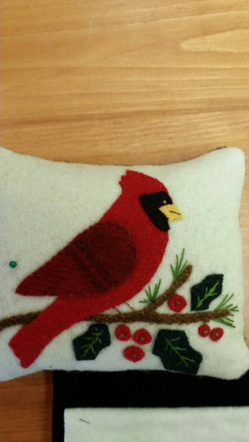 Cardinal wool appliqué pincushion kit. HQS Quilts Original