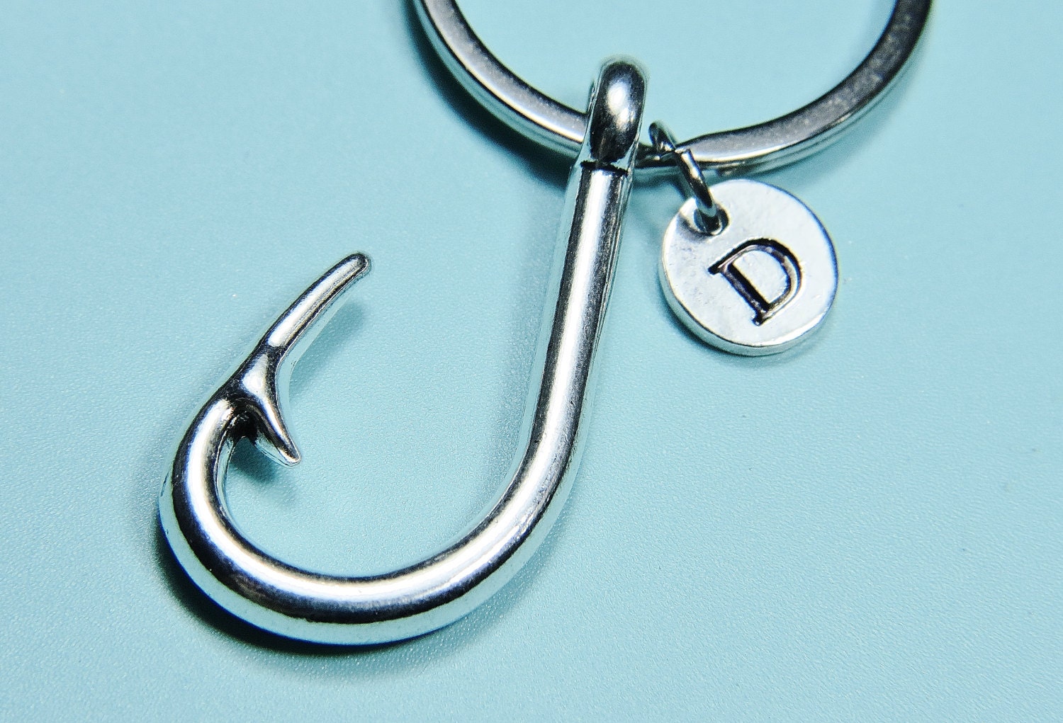 fish hook keychain initial keychain silver fishhook charm