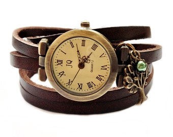 Women Watches,Watch,Wrap Watch, Bracelet Watch, Wrist Watch, Vintage Watch "Tree" Leather Bracelet: dark brown