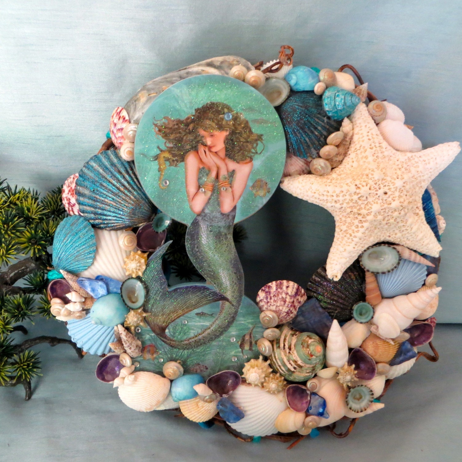 Mermaid wreath with aqua white and purple seashells_beach