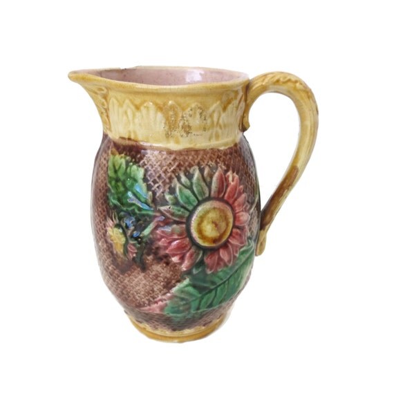 Antique majolica water pitcher sunflower pattern late 1800s