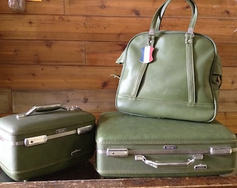 Vintage LuggageSuitcase Vintage Hard Shell 1960's 3 PC Green American Tourister Tiara Luggage Vinyl Suitcase No. 128