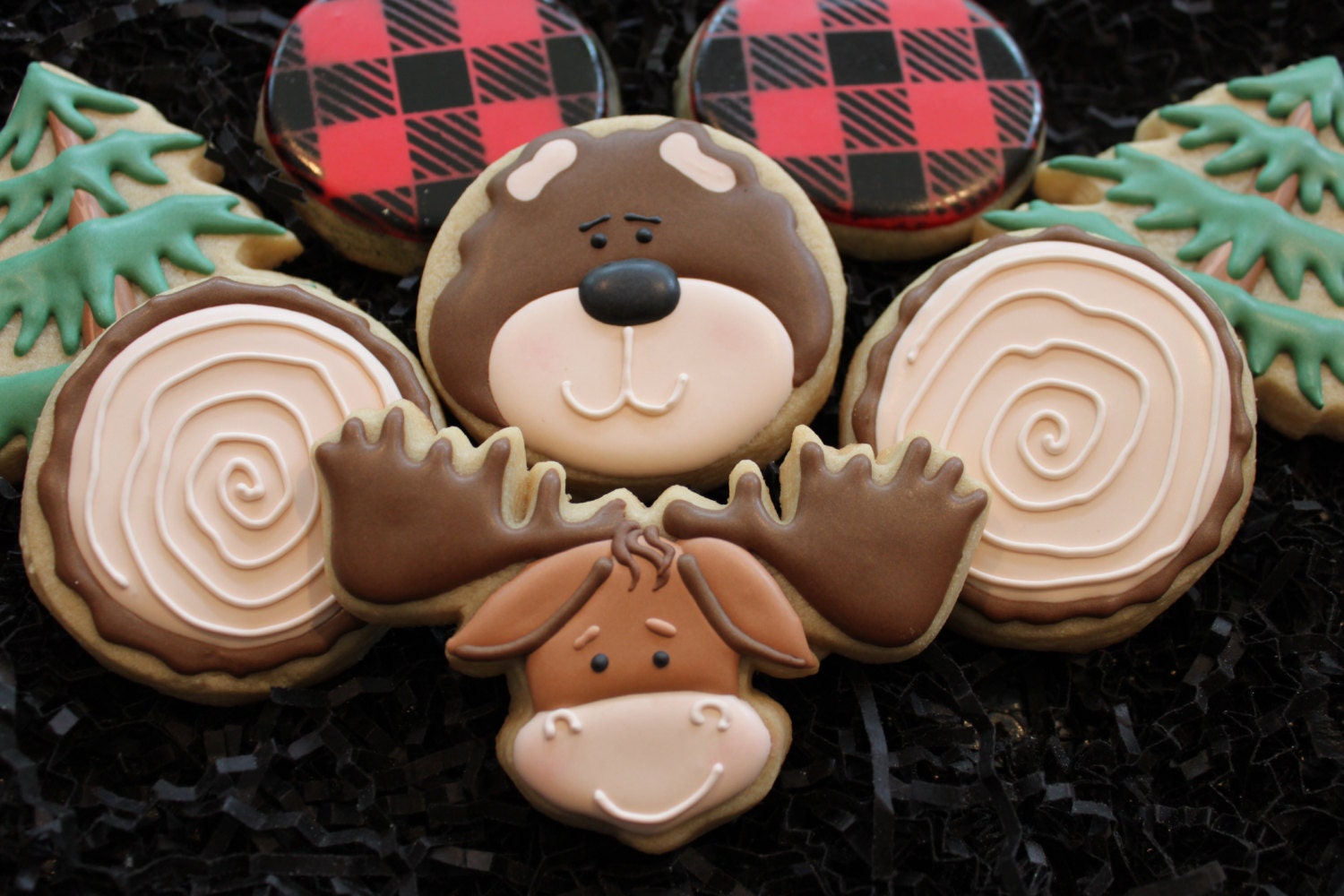 Bear moose cookies cabin cookies red plaid christmas