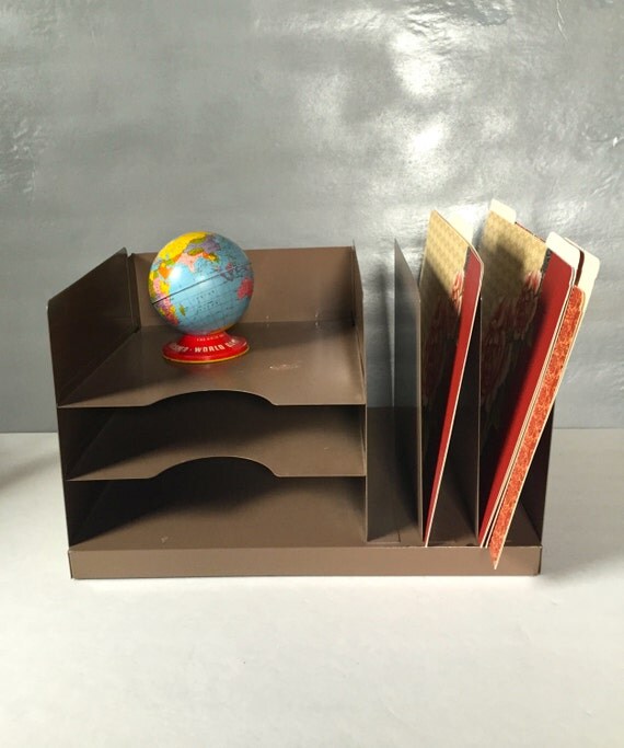 Vintage Metal Desk Organizer Tan File Folder Storage