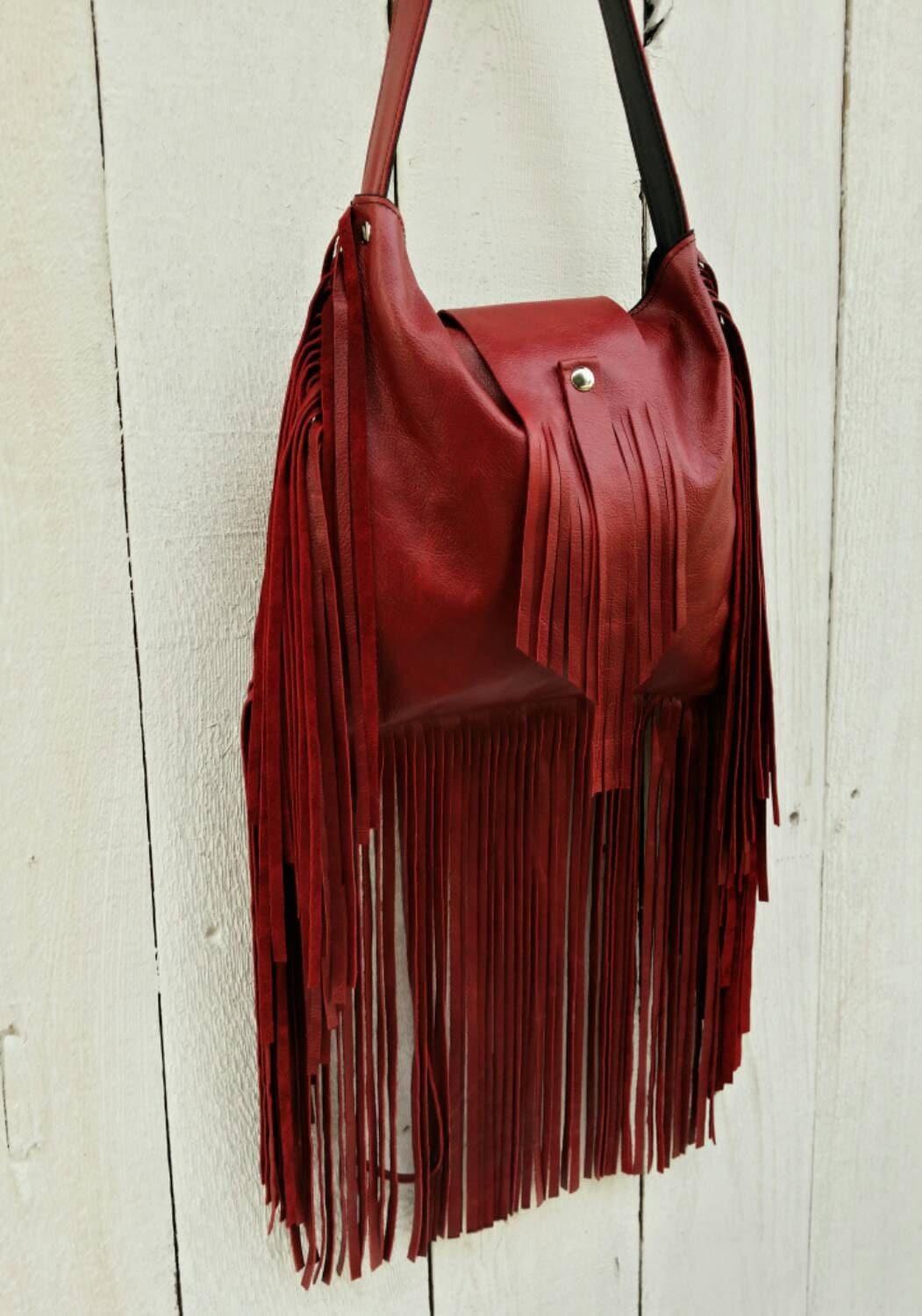 Deep Red Fringe Shoulder Bag / Fringe Leather Handbag