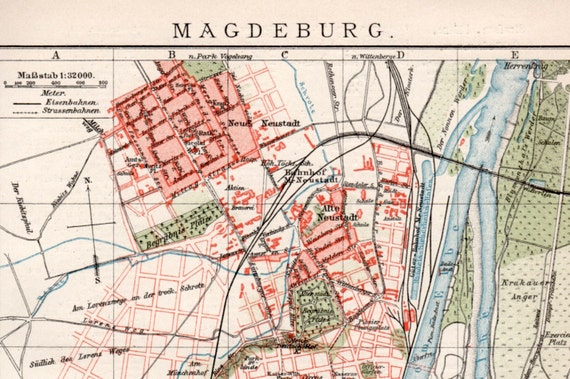 1898 Magdeburg Germany Old Map Antique Print Vintage