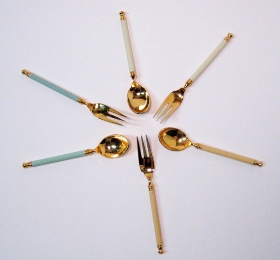 Art Deco Noritake Cocktail Forks & Spoons Glass Handles Gold