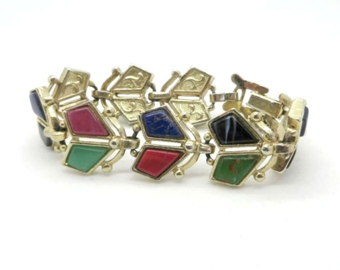 Vintage Barclay Stone Link Bracelet, Red, Green, Navy and Black Stone Bracelet