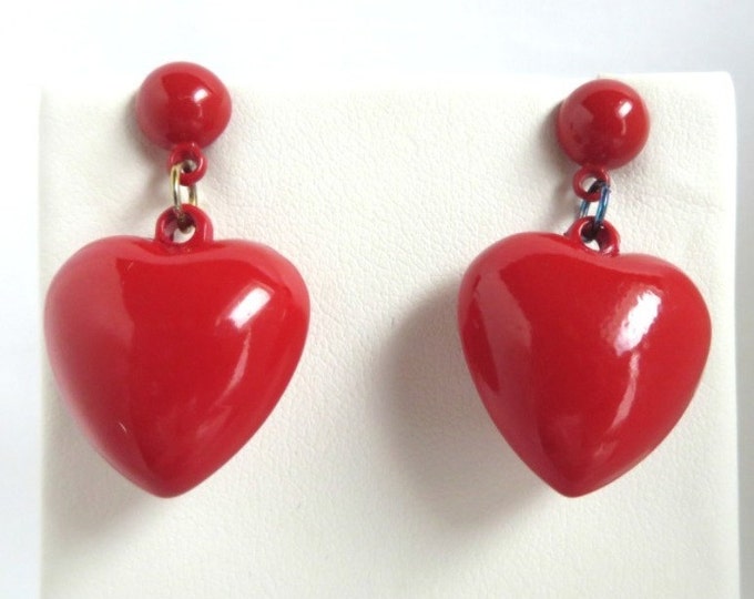 Vintage Heart Earrings - Dangling Red Heart Pierced Earrings, Lucite Studs, Perfect Gift, Gift Box