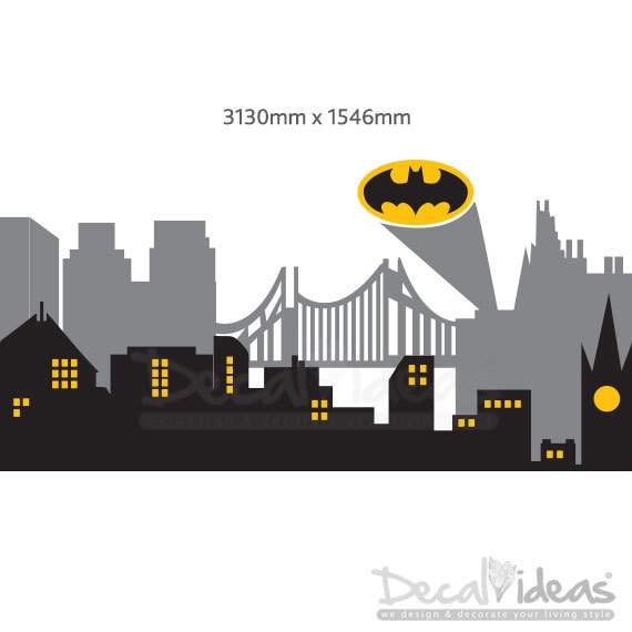 Batman Skyline City Buildings with Batman Emblem Vinyl Wall