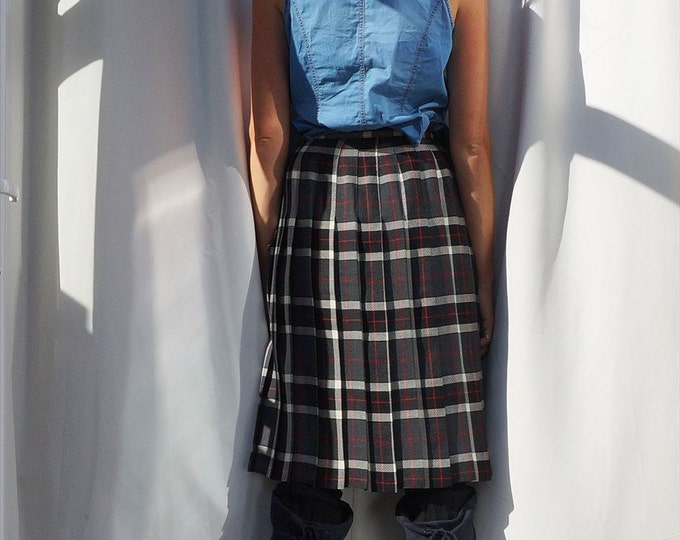 High Waisted Skirt, Wool Grey & White Tartan Midi Skirt, Pure New Wool Skirt, Wool Check Skirt, Midi Skirt, 80s Tartan Skirt, Womens Skirts