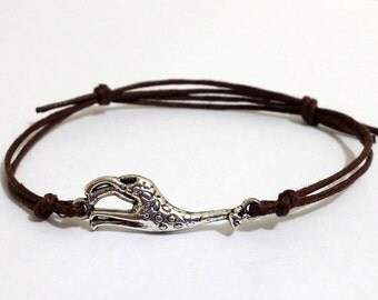 silver giraffe bracelet with brown wax cord, adjustable wax cord bracelet, string bracelet, unisex mens bracelet gift, MA021
