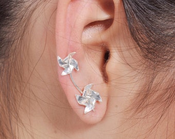 Windmill Ear Crawler earrings ear cuff Sweep earrings pinwheel Ear climber earrings, jewelry cute, sterling Silver fun earrings