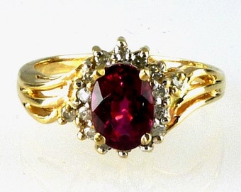 Natural Fine Ruby Red Rubellite Tourmaline & Diamond Ring 10k Yellow Gold
