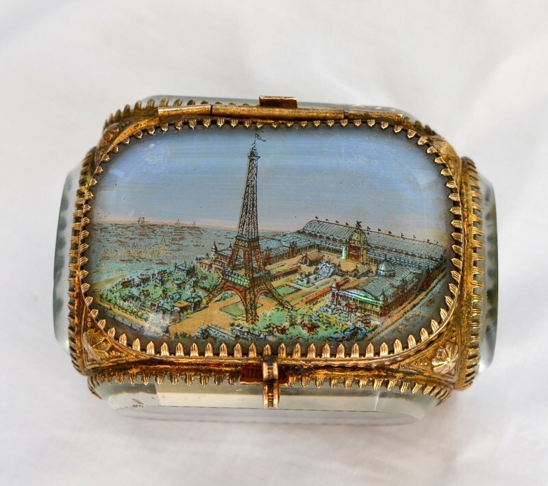 ancient French box jewelry / crystal bevelled / Eiffel Tower Paris