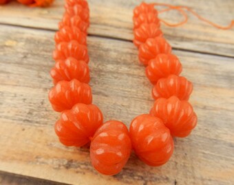 Orange Pumpkin Beads, Qty 4 Dyed Jade Pumpkins, Great Earring Size Beads, Fall Autumn Carved Melons Halloween Thanksgiving Beads