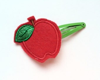 Red Apple Hair Clip Barrette for Girls - Toddler Hair Clippie - Apple Barrette - Green Snap Clip - Back to School Hair Accessory for Girls -