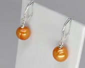 orange pearl earrings, round deep orange pearl earrings with silver lever backs, silver pearl earrings, June birthstone earrings