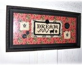 Folk Art Framed Fabric Altered Art Prim DREAM Sheep Stitched Wall Hanging Home Decor