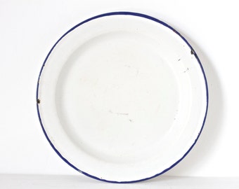 Classic Enamelware Plate Dish - White with Navy Blue Rim