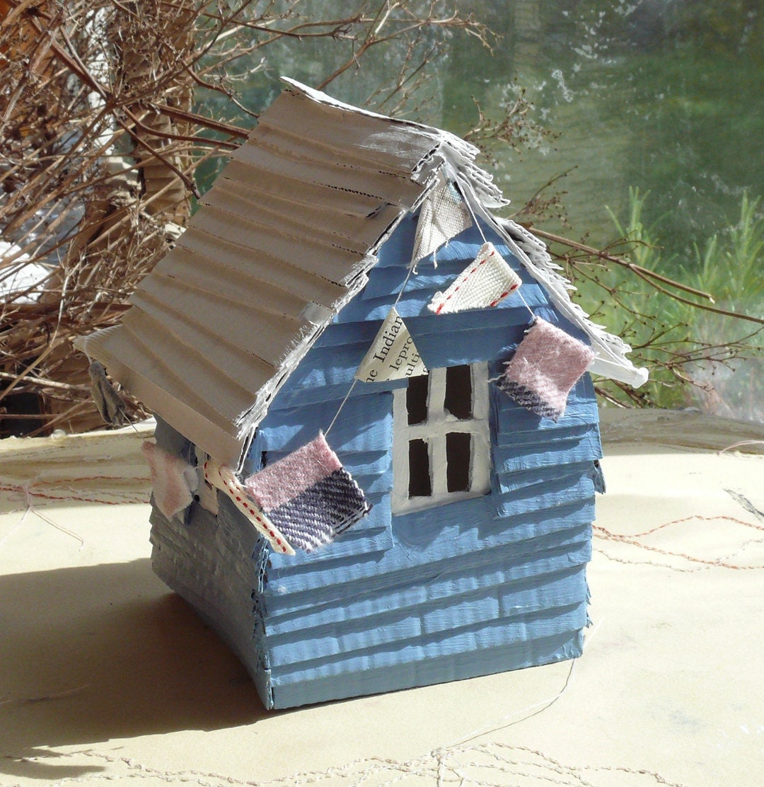 Small Handmade Recycled Cardboard Beach Hut Model Sculpture