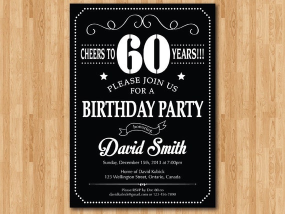 60th Birthday Invitation. Chalkboard Black White and Red. 30th