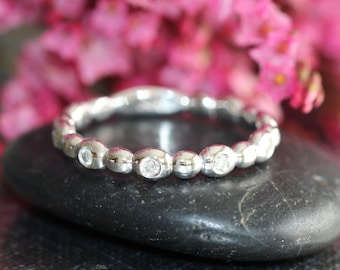Pebble Diamond Wedding Band Women in 14k White Gold Half Eternity Diamond Ring, Anniversary Ring, Stacking Ring (Bridal Ring Set Available)