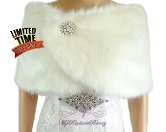 Faux Fur Stole, Ivory Faux Fur Shawl, Faux Fur Wrap, Fur Stole, Faux fur Shrug, Bridal Fur Stole, Wedding Stole, Bridal Fur Shawl, FW108-IVY