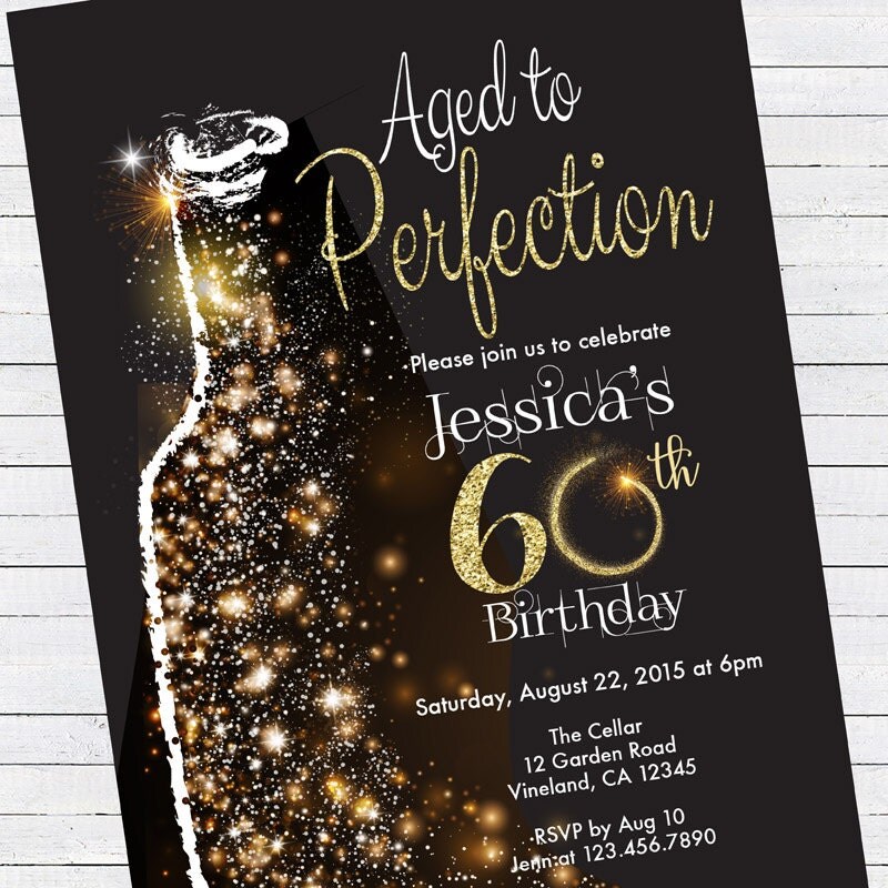 60th Birthday Invitation. Aged to Perfection. Black and Gold