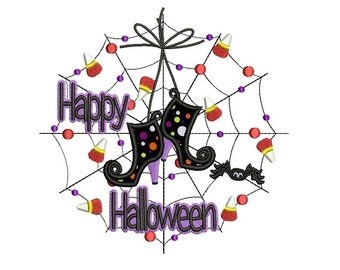 Spider Web and Witch's Boots Happy Halloween Applique Machine Embroidery Digitized Design Pattern - Instant Download - 4x4 , 5x7, and 6x10