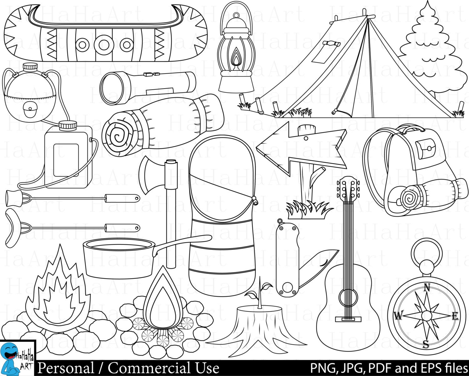 Camping Outline Clipart Digital Clip Art Graphics