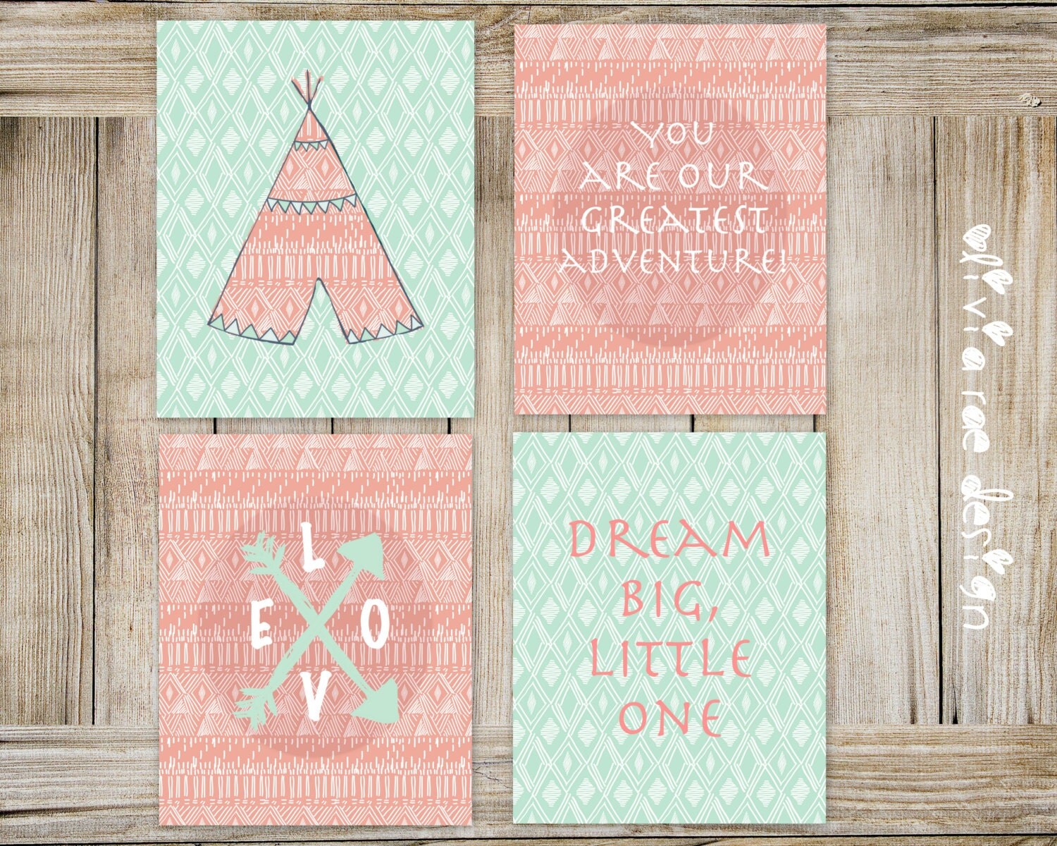 Tribal Aztec Theme Nursery Art Wall Decor Coral and Mint baby