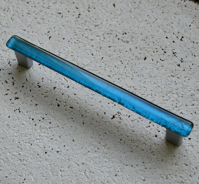 Glass Pull in Transparent Aqua Blue. Fused Glass Pull.